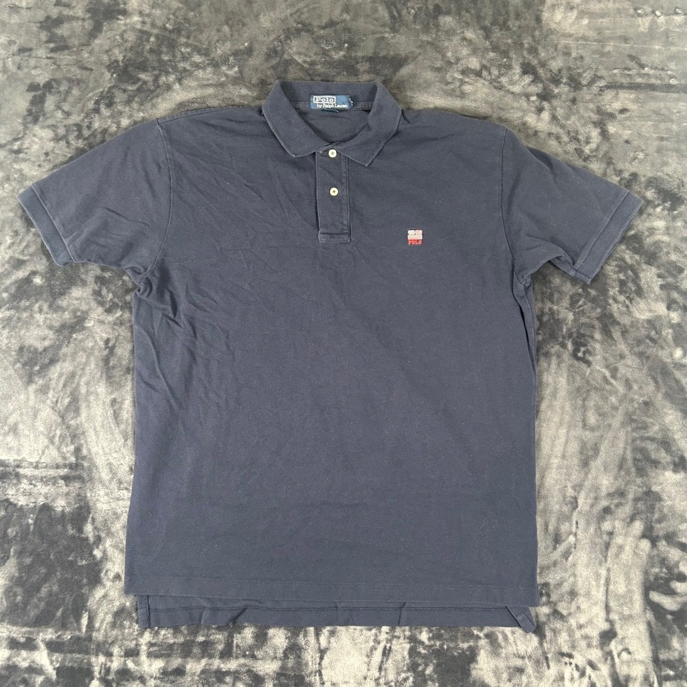 Polo Ralph Lauren Shirt Mens Large Navy Blue American Flag Logo Pique Cotton